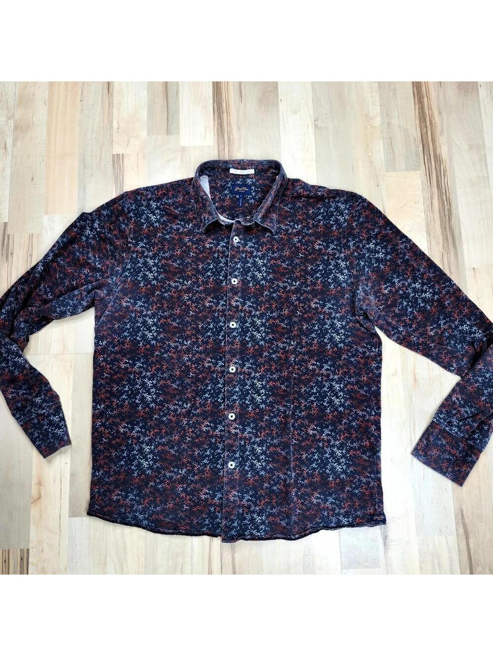 Good Man Print Long Sleeve Button-Down Shirt Navy Blue and Burgundy Pattern